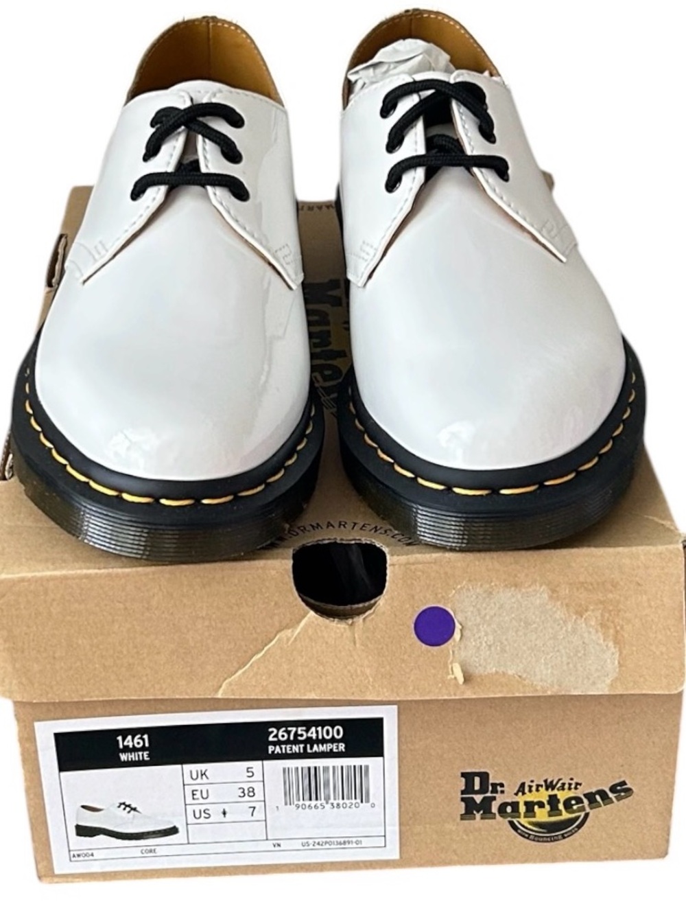 NWT 1461 Dr. Martens White Patent 3-Eye Derby with Black Laces